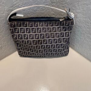 Fendi Zucchino Mini Bag Navy White FF Logo Slouchy Baguette Shoulder Purse